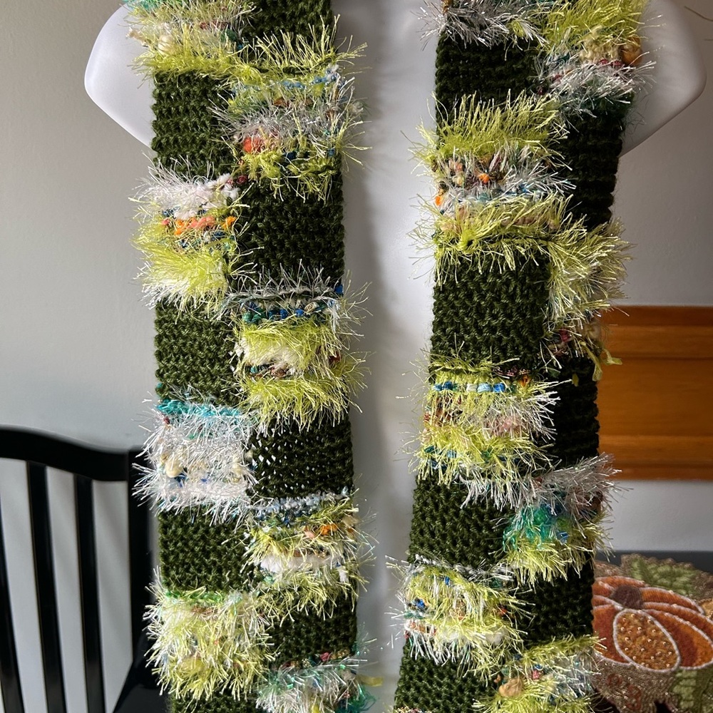 Vibrant Knit Scarf with Green and Yellow Accents
